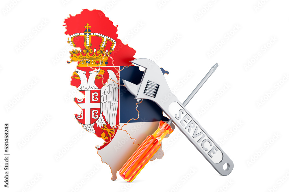Poster serbian map with screwdriver and wrench, 3d rendering