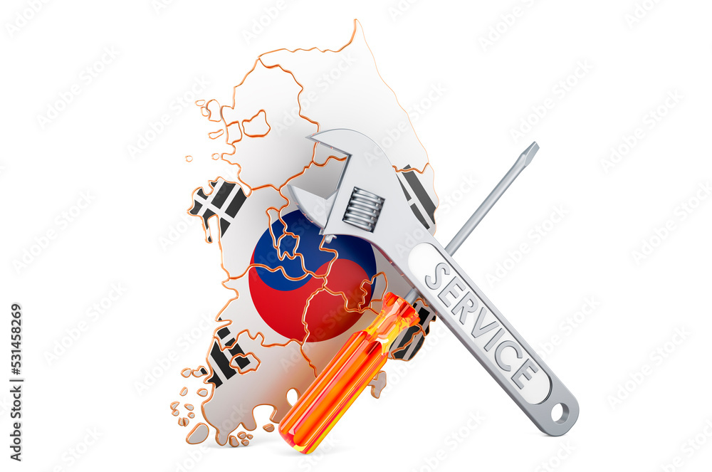 Poster south korean map with screwdriver and wrench, 3d rendering