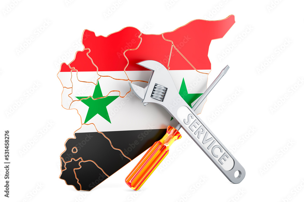 Aufkleber syrian map with screwdriver and wrench, 3d rendering