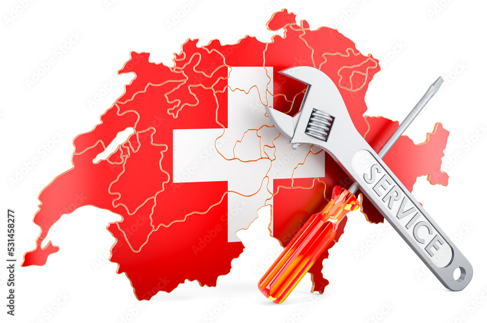 Aufkleber swiss map with screwdriver and wrench, 3d rendering