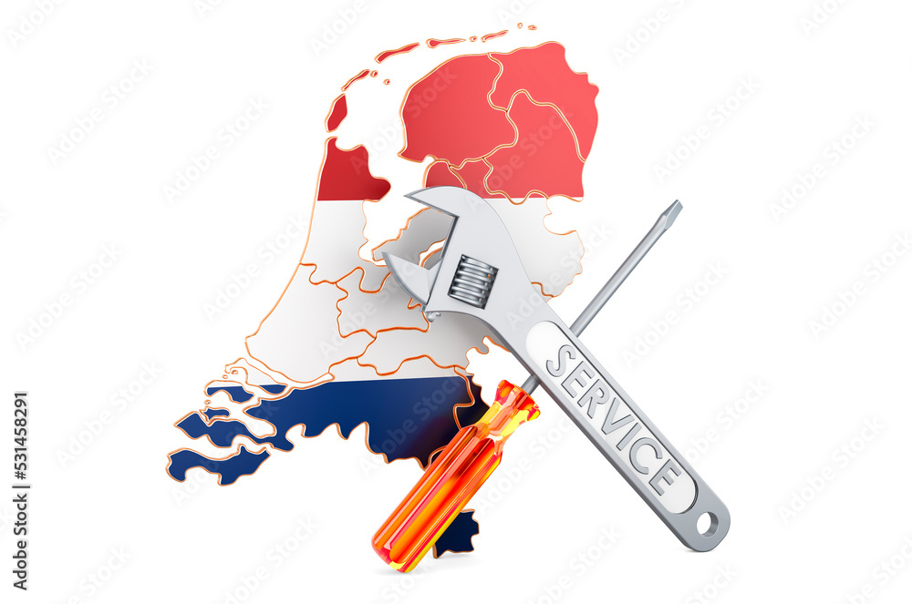 Poster the netherlands map with screwdriver and wrench, 3d rendering