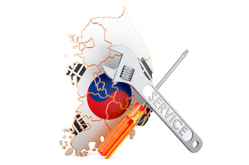 South Korean map with screwdriver and wrench, 3D rendering