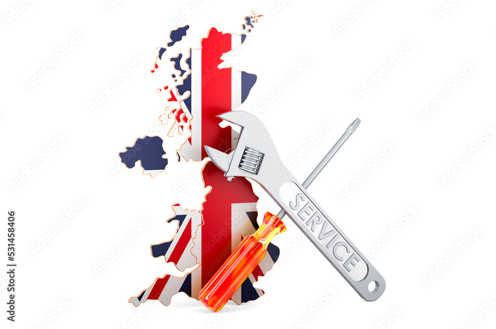 Aufkleber british map with screwdriver and wrench, 3d rendering