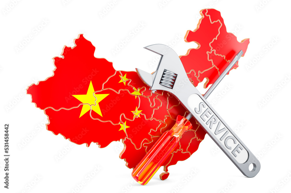 Poster chinese map with screwdriver and wrench, 3d rendering