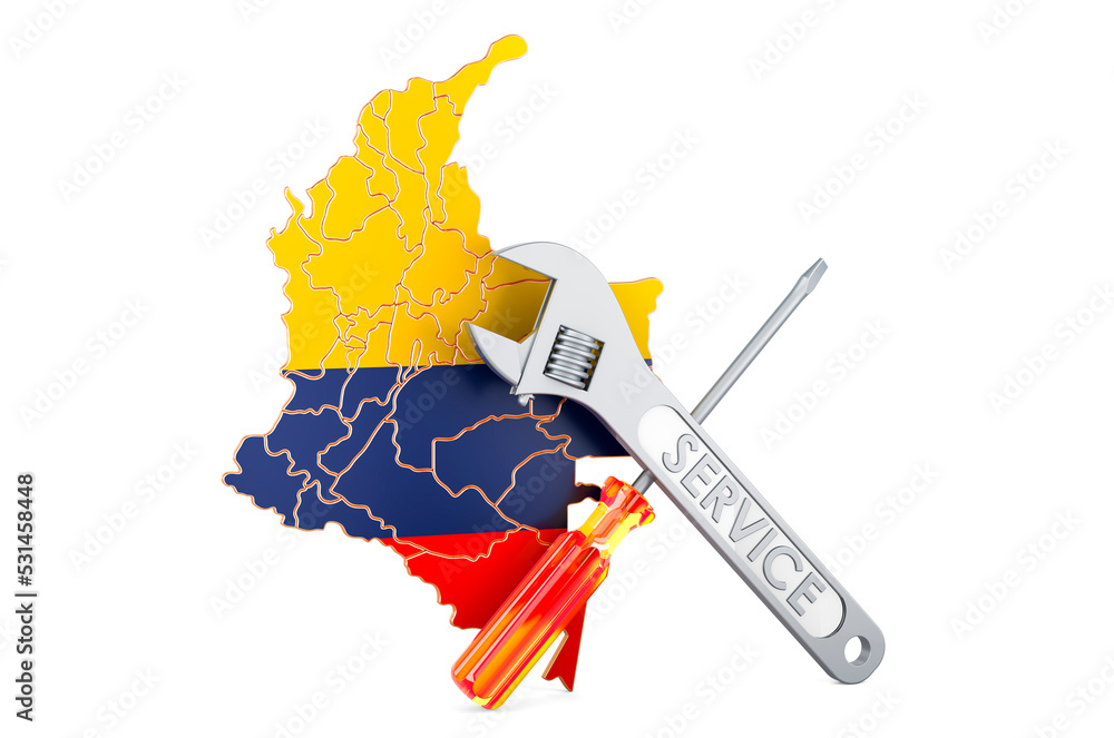 Poster colombian map with screwdriver and wrench, 3d rendering
