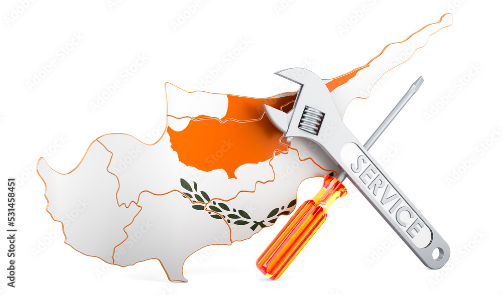 Poster cypriot map with screwdriver and wrench, 3d rendering