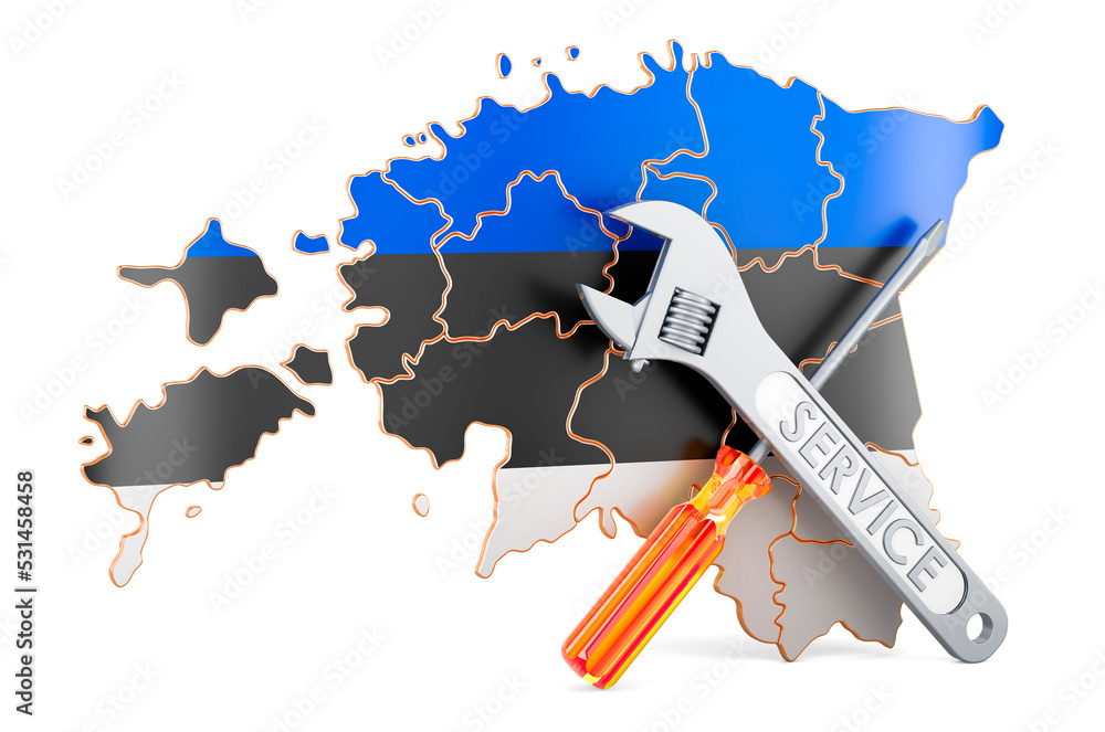Aufkleber estonian map with screwdriver and wrench, 3d rendering