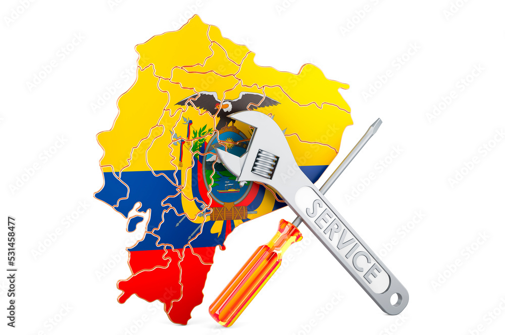 Aufkleber ecuadorian map with screwdriver and wrench, 3d rendering