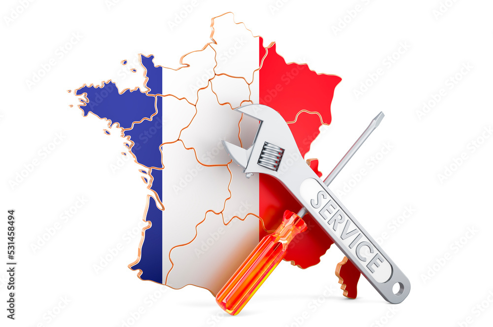 Poster french map with screwdriver and wrench, 3d rendering