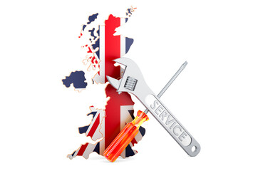 British map with screwdriver and wrench, 3D rendering