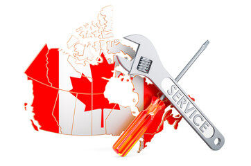 Canadian map with screwdriver and wrench, 3D rendering