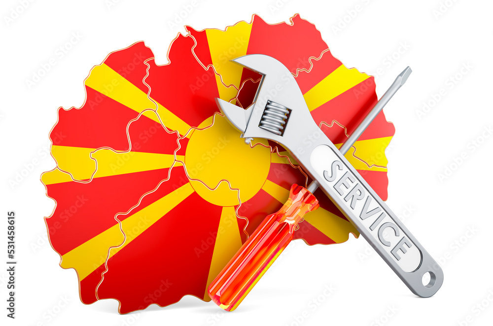 Poster macedonian map with screwdriver and wrench, 3d rendering