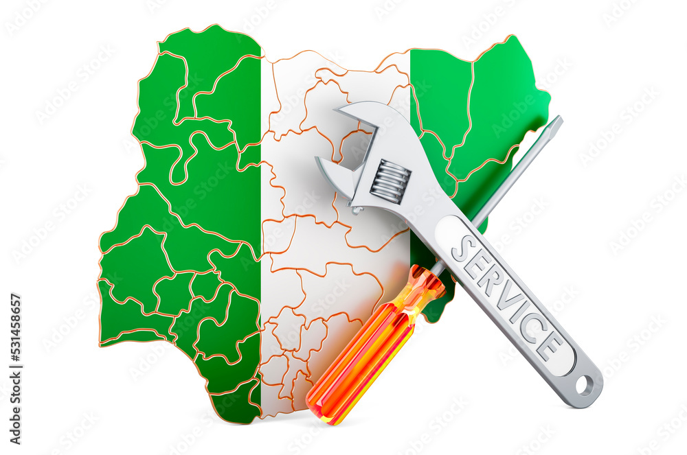 Poster nigerian map with screwdriver and wrench, 3d rendering