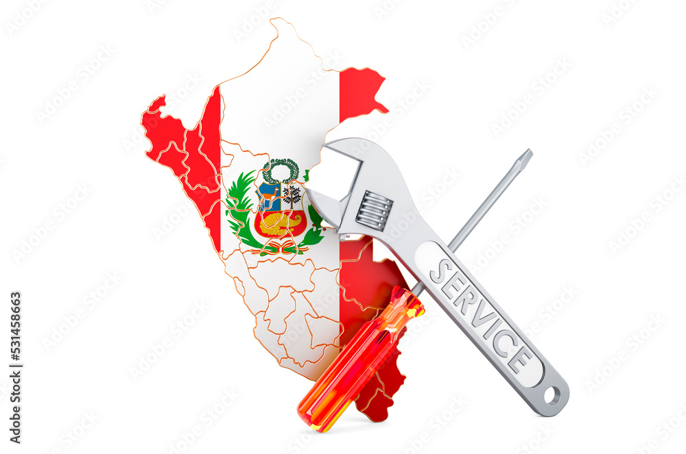 Poster peruvian map with screwdriver and wrench, 3d rendering