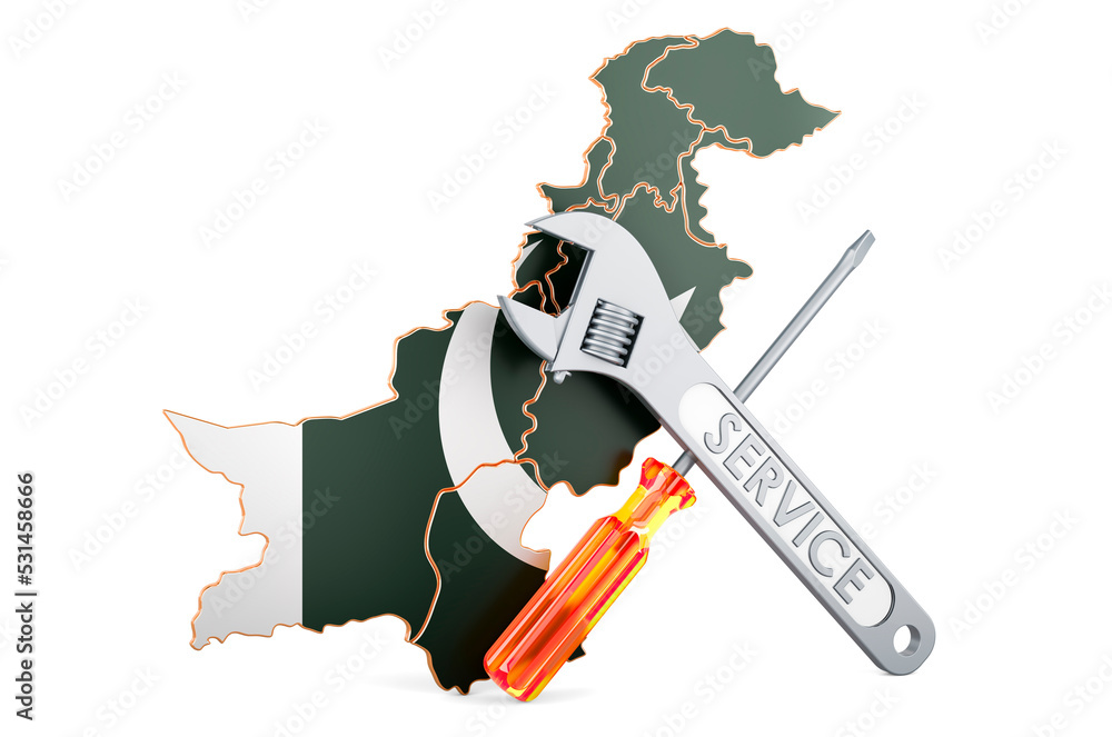 Poster pakistani map with screwdriver and wrench, 3d rendering