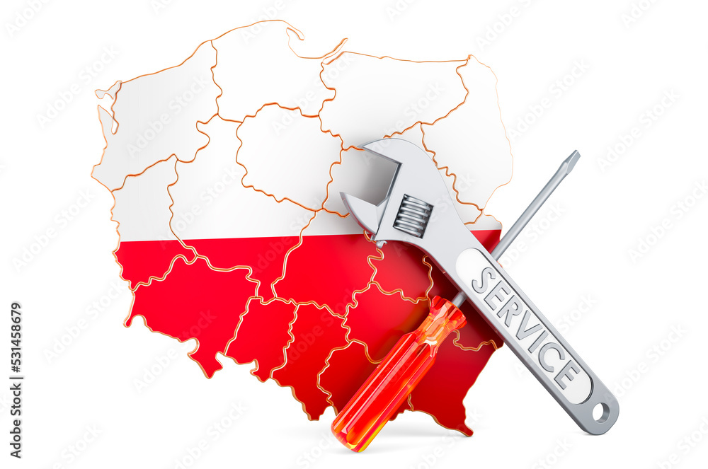 Poster polish map with screwdriver and wrench, 3d rendering