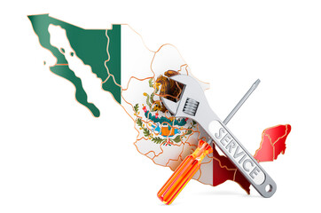 Mexican map with screwdriver and wrench, 3D rendering