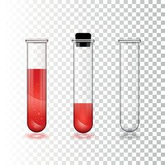 3 test tubes, empty, filled with red liquid, blood. Chemical reagent laboratory flasks 3d realistic vector set isolated on transparent background. Scientific or medical laboratory glass illustration