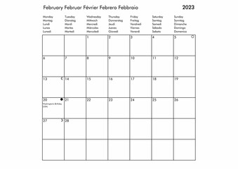 February Multilingual year 2023 calendar