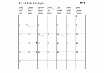 July Multilingual year 2023 calendar