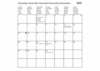 November Multilingual year 2023 calendar
