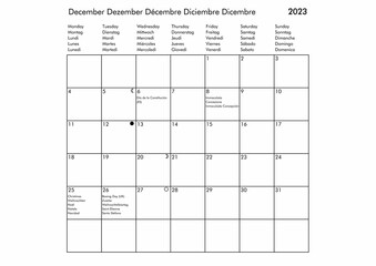 December Multilingual year 2023 calendar