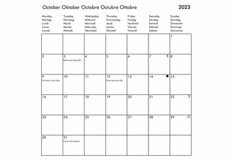October Multilingual year 2023 calendar