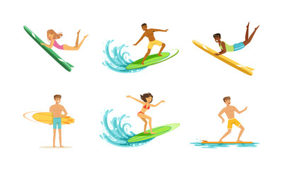 Young people riding surfboards set. Extreme water sport, people enjoying summer vacation vector illustration