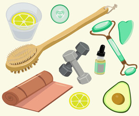 Vector set of healthy lifestyle. With isolated elements sports mat, dumbbells, glass of water, lemon, cucumber, avocado, face massager, anti-cellulite brush
