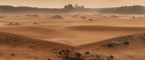 Fototapeta na wymiar landscape on planet Mars, scenic desert on the red planet, 3d space illustration 