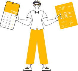 A man holds a calculator and a tax form in his hands. Modern linear style. Isolated. Vector illustration.