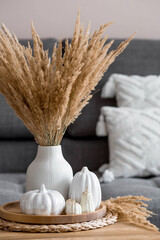 Still-life. Dried pampas grass in a vase, white ceramic pumpkins, a teapot, a cup and...