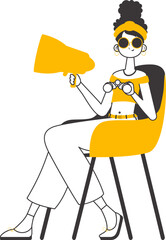 The woman is holding a bullhorn in her hands. Linear trendy style. Isolated. Vector illustration.