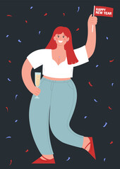 A girl holds a glass of champagne and a flag with the inscription Happy New Year. Modern vector flat illustration.