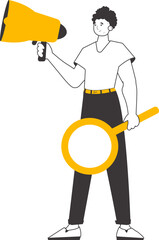 The man is holding a mouthpiece in his hands. Minimalistic linear style. Isolated. Vector illustration.