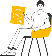 The guy is holding a contract in his hands. Linear trendy style. Isolated. Vector illustration.