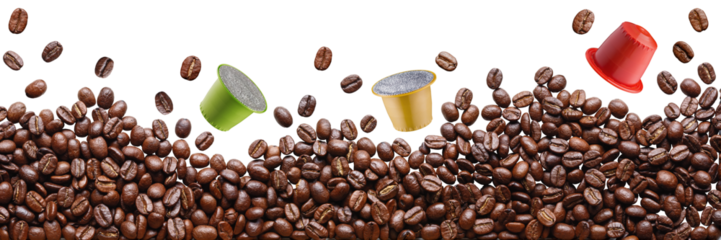 A pile of brown coffee beans lies and levitates, three capsules for a capsule coffee machine levitate between them, concept, on a white background, isolate