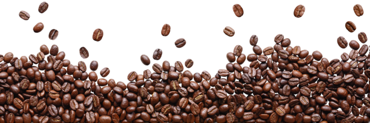 A lot of brown coffee beans lies and levitates, flat lay, grains isolated, on a white background