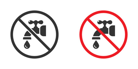 No Water Sign. Stop water leak sign, water tap and dripping drops icon. Flat vector illustration.