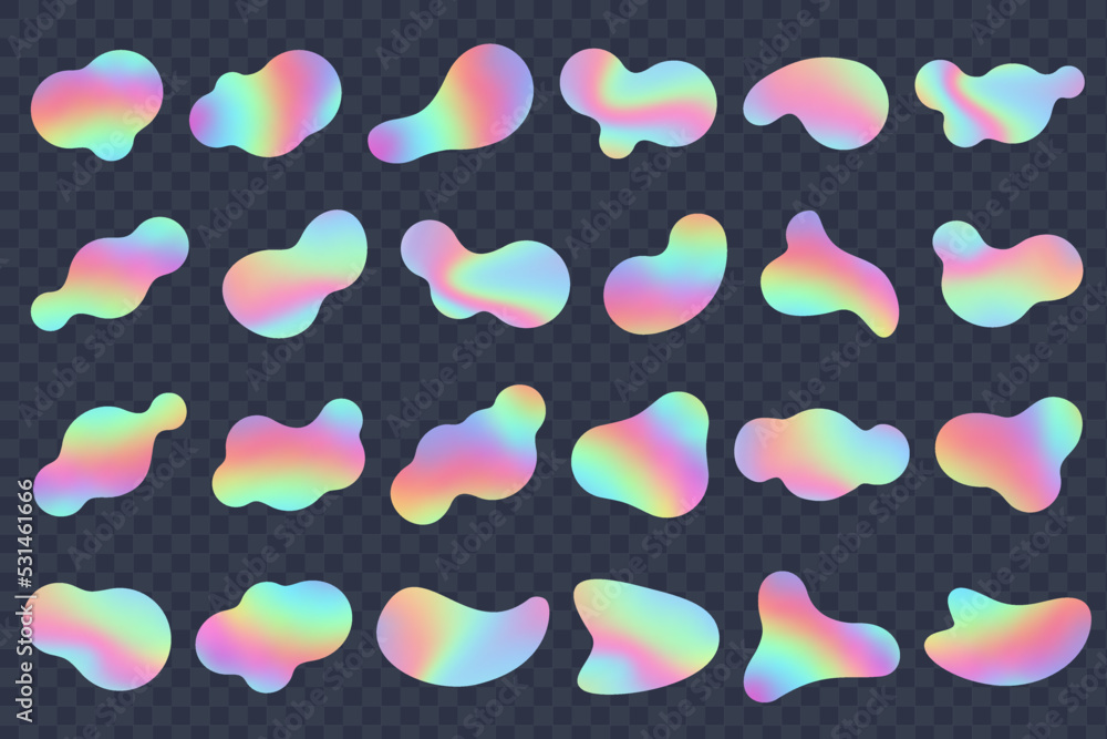 Poster blob shapes with holographic gradient. organic rainbow amoeba blobs. liquid irregular forms and spla