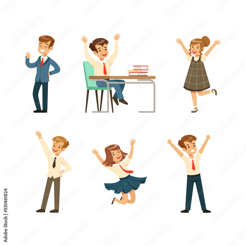 Sticker set of happy schoolboys and schoolgirls. elementary school students in uniform cartoon vector illust