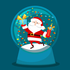 Funny Santa Claus is dancing or running with a gift in his hand. Christmas scene in a glass ball in cartoon flat style. The mood of joy, delight and fun. Vector cartoon Christmas illustration.