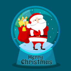 Santa Claus carries a bag with gifts. Christmas scene in a glass ball in cartoon flat style. Christmas greeting vector card. The atmosphere of calmness and comfort.