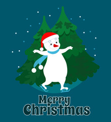 Snowman in cartoon style on the background of Christmas trees. Merry Christmas text.