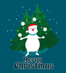 Fototapeta na wymiar Funny snowman is lucky playing with snow near the Christmas trees. Merry Christmas text. Christmas scene for postcard in cartoon flat style.