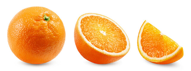 Oranges isolated. Ripe orange, half and slice of orange on a white background. Fresh fruits.