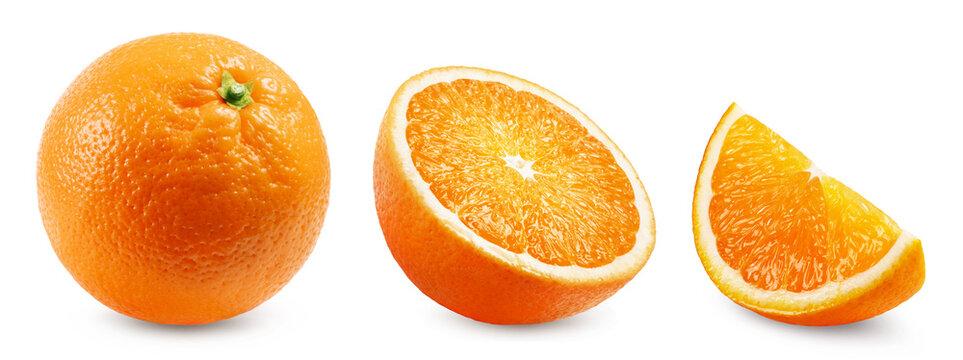 Oranges isolated. Ripe orange, half and slice of orange on a white background. Fresh fruits.