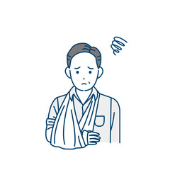 腕を骨折する中年の男性　怪我　ギプス固定　イラスト