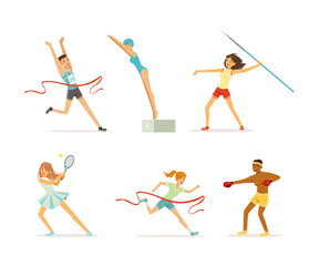 People doing different sports set. Athletes playing tennis, running, throwing javelin, boxing, swimming vector illustration