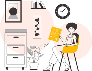 The girl is holding a contract in her hands. Lineart trendy style. Vector illustration.